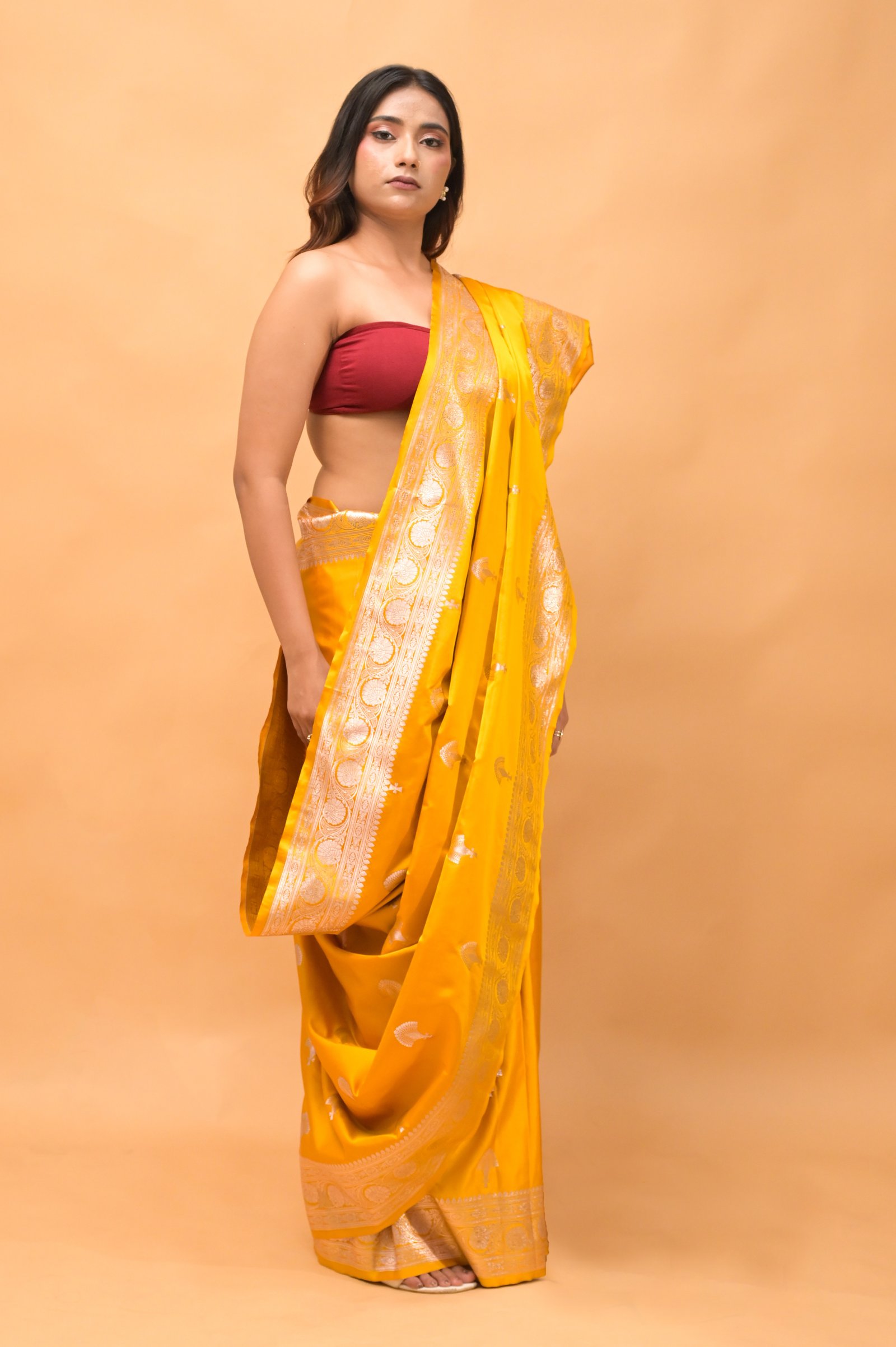 Musturd Yellow Mashroom Buta Silk Banarasi katan Saree